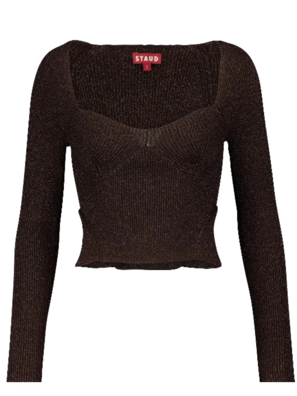 STAUD Metallic Chocolate Ribbed Long-Sleeve Crop Top